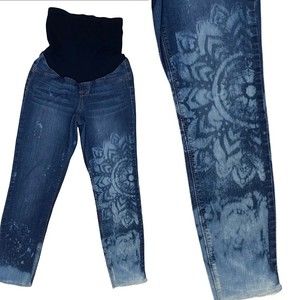 1822 Maternity Jeans Size Small 29 Boho Upcycled Bleached Medallion Blue